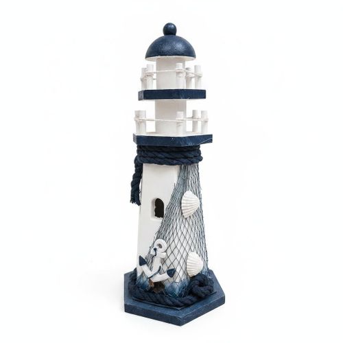 Wooden Lighthouse Figurine Decor, Navy Blue and White