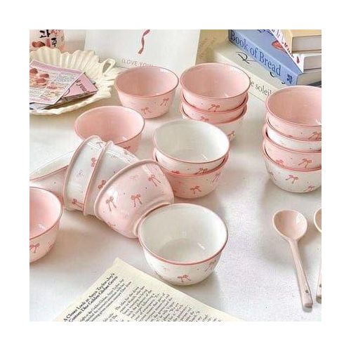 6-Piece Bow Design Porcelain Bowl Set with Floral Patterns - 10cm Small Serving Bowls for Soup Salads and Sauces - Elegant Gift Packaging