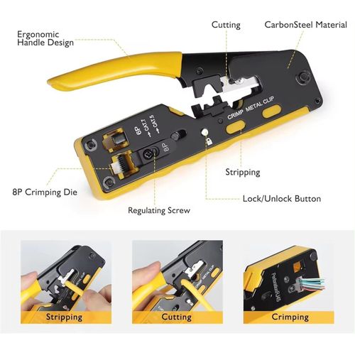 RJ45 Crimping Tool, Modular Cable Crimper for RJ11/RJ12/Cat5/Cat7, Pass Through Connector, Carbon Steel, with Stripping and Cutting