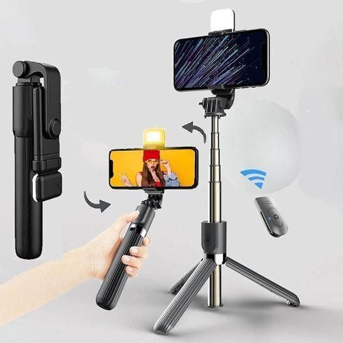 Selfie Stick Tripod, Expandable 100cm Selfie Stick with Wireless Remote Control, Portable Monopod Mobile Phone Holder + LED