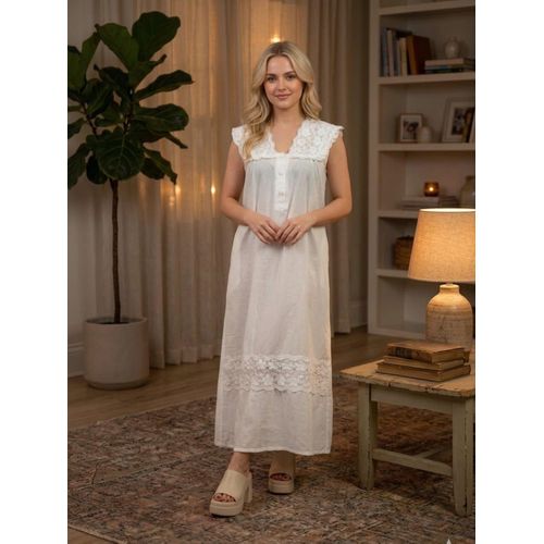 Women's White Sleeveless Long Nightgown with Elegant Lace Collar & Hem