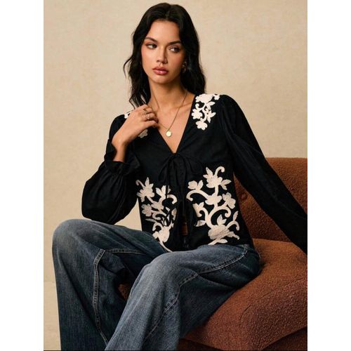 Poéselle Women's Vintage Black Floral Embroidered Front Tie Blouse,Boho Autumn Brunch Cute Top,Old Money Style Business Casual Classy Office Work Winter Tops