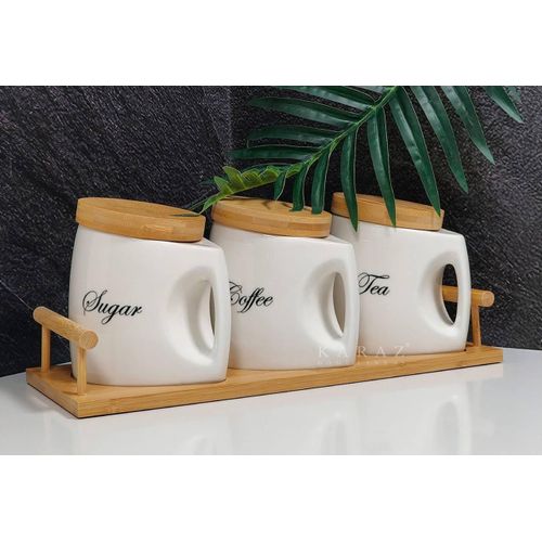 Porcelain Tea Coffee and Sugar Container Set with Bamboo Airtight Lids and Bamboo Tray (750ml)