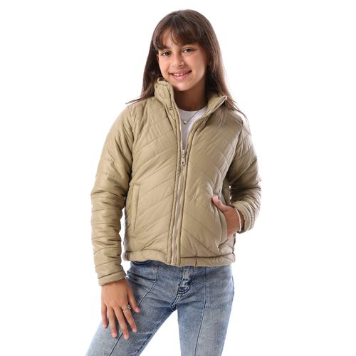 Zip Through Neck Zipped Girls' Puffer Jacket - Sand Beige