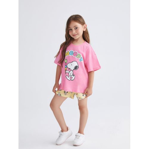 Crew Neck Snoopy Printed Girl's Shortie Pyjama Set