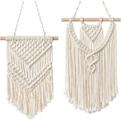Macrame Wall Hanging, Handwoven Cotton Tapestry Set of 2, Cream White, Boho Home Decor, 33x23cm and 40x25cm