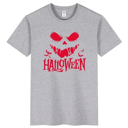 Halloween Graphic T-Shirt, Grey, Short Sleeve, Spooky Skull Print, Unisex Casual Tee