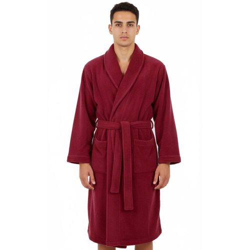 Mens short bathrobe dark red with shawl collar waist belt and two pockets