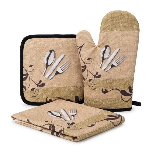 3 piece kitchen set oven mitt pot holder and towel, fabric with cutlery and leaf pattern - Beige