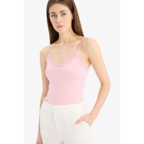 Woman V Neck Body Suit Bodysuit - Lt.Pink