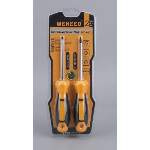 A basic 2-piece manual screwdriver set featuring a long flat head and a long Phillips head screw drive both with durable magnetic tips.