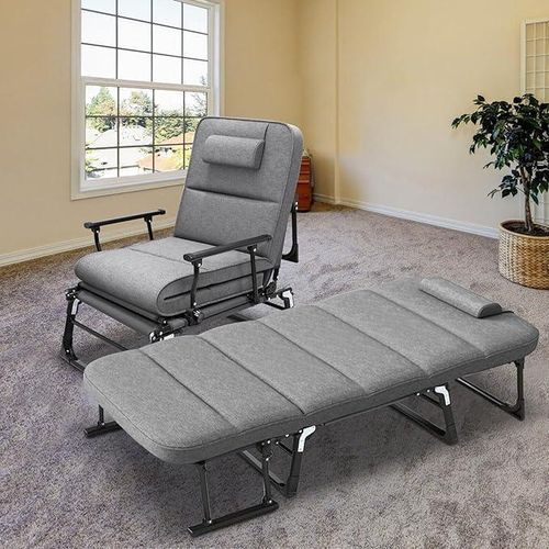 Foldable, padded camping cot that converts into a lounge chair; features an adjustable backrest and a pillowa portable bed and chair for trips, camping, and home use.