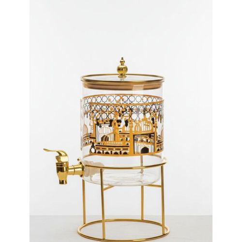 Luxury Glass Beverage Dispenser & Carafe with Islamic Gold Pattern Gold Metal Stand & Lea-Proof Spigot.