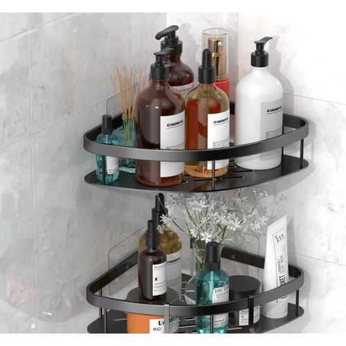 JIALTO 2 PCS Aluminum Bathroom Corner Shelf for Wall,rustproof, Nail-Free, No Drilling Organizer Holder, Bathroom Shelf for Wall Stand for Corner Holder, Washroom & Bathroom Accessories (Black)