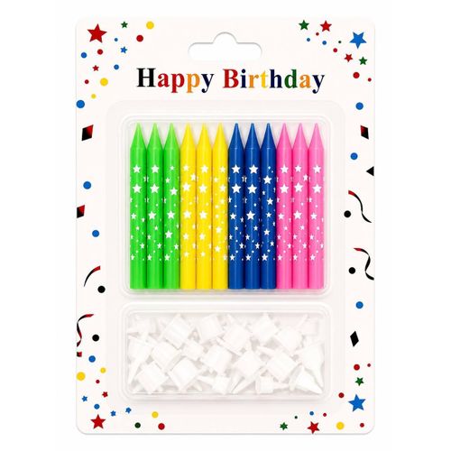 12-Pack Star Print Birthday Candles – Colorful Decorative Cake Candles
