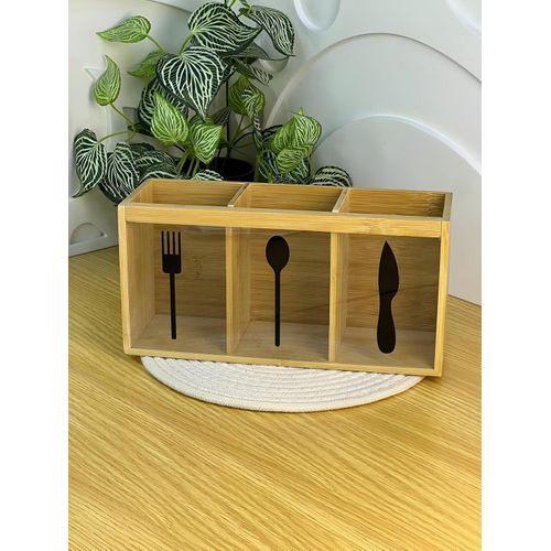 Cutlery Caddy - Big Wooden and Acrylic 3-Compartment Holder for Forks, Spoons, and Knives, Water-Resistant Bamboo Finish, Premium Decor for Your Dining Space, Large Capacity