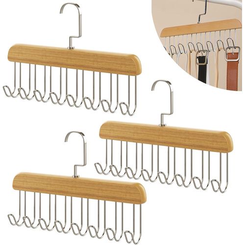 مجموعة من 3 حاملات حزام، علاقة ملابس بطول 28 سم مع 8 خطافات، علاقة ربطات عنق، منظم حزام خشبي للأوشحة والربطات والأحزمة ومنظم الخزانة