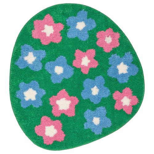 Bath mat The VATTENSKRUV bath mat is green with pink and blue flowers, soft, round, and eco-friendly.