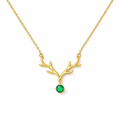 Elegant Gold-Tone Antler Necklace with Emerald Green Crystal
