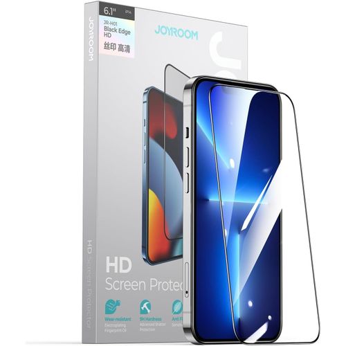 Clear 2.5D tempered glass screen protector with HD clarity features a dust-proof filter and supports fingerprint unlocking frameless design with an ultra-smooth finish compatible with iPhone 13 Pro Max and 14 Plus.