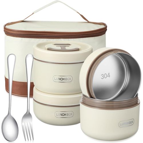 4 Pcs Stainless Steel Portable Insulated Lunch Container Bento Lunch Box Round Microwave Safe Stackable Leakproof Thermal Food Container for Adult Men Women with Insulated Bag, 74 oz (Beige)