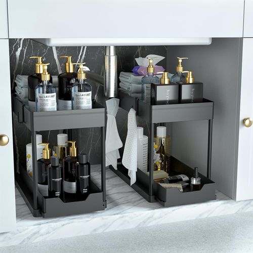 Under Sink Organizer 2 Pack Bathroom Cabinet Organizer 2 Tier Sliding Cabinet Basket Organizer Drawer Multi-Purpose Bath Collection Baskets for Bathroom Black