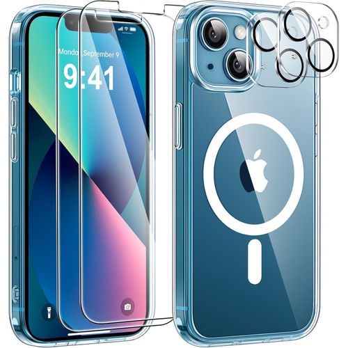 5 in 1 Magnetic Case for iPhone 13 with 2 Tempered Glass and 2 Protective Camera, Compatible with MagSafe Back Anti-Scratch Case Magnetic Shockproof TPU Bumper 6.1 Inch Case (Transparent)