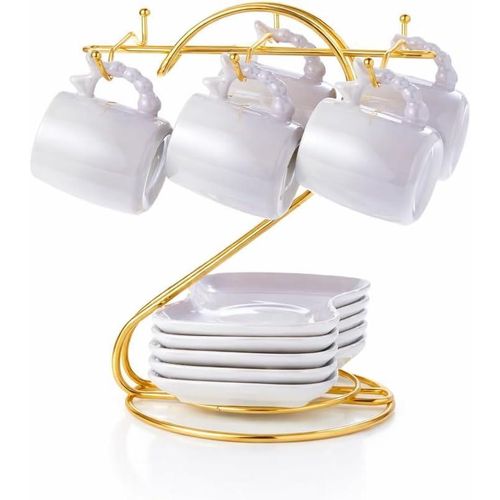 Premium Porcelain Coffee Cup Set with Gold Metal Stand, 6 Cups and 6 Saucers, Elegant Heat Resistant Design