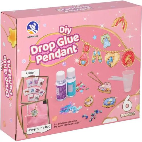 DIY Drop Glue Pendant Craft Set – 6 Golden Metal Frame Charms with AB Crystal Resin, Glitter Bags, Pearls, Shells, Fruit Slices & Ball Chains – Jewelry Making Keychain Kit Gift for Girls Kids Ages 3+ (Shape & Color May Vary)