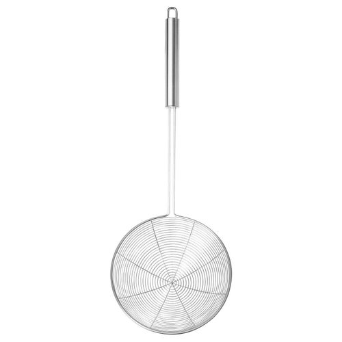 Skimmer Depicts an IDEALISK skimmer with a round stainless steel mesh head and a long stainless steel handle, designed for kitchen use.