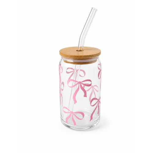 Clear glass mug with wooden lid and straw – elegant pink bow design – perfect for iced coffee and cold drinks