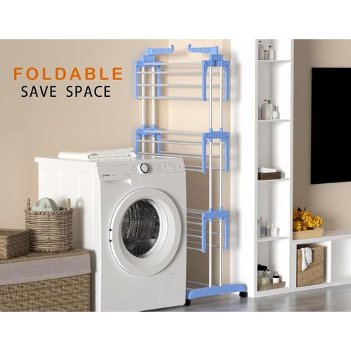 Vertical Clothes Drying Rack Stainless Steel Chrome Plated White Four Levels Foldable Movable with Wheels, White and Blue with Side Wings