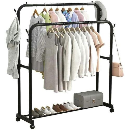 Luxair Multi-Purpose Metal Clothes Rack, One Piece with Bottom Shelf and Jacket Hanger, Unique Design Storage Organizer for Bedroom and Home (Black, 1.5m * 1.1m * 40cm)