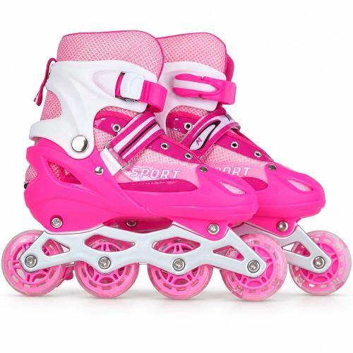 Inline Roller Skates with 4 Wheels and Buckle Strap Closure - Pink - Medium Size - 8291