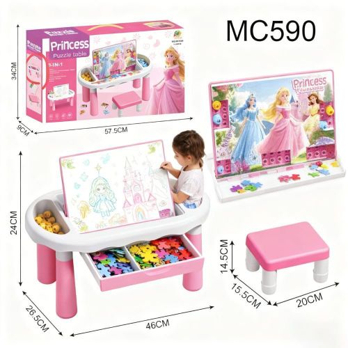 6-in-1 Educational Puzzle & Drawing Activity Table Set with Chair for Kids – Multi-Purpose STEM Building & Art Play Desk with Dual-Sided Board, Storage Box & Smooth Rounded Edges – Safe, Durable, Pink Design