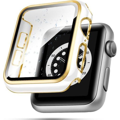 Case Compatible with Apple Watch, with Built-in Tempered Glass Screen Protector, PC Cover for iWatch Series 9/8/7/SE 2rd SE 6 5 4/3 2 for Choice (White+Gold, 42mm)