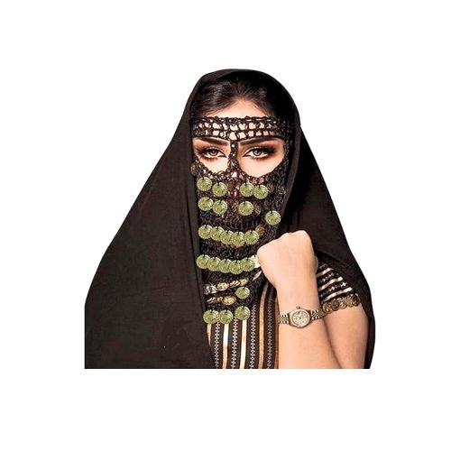 Egyptian Black Burqa with Coins, Belly Dance Costume, Headband and Face Mask Handmade