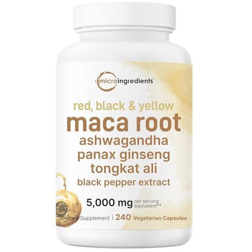 Maca Root 5,000 mg 240 Vegetarian Capsules with Ashwagandha Panax Ginseng Tongkat Ali & Black Pepper Extract for Better Absorption Red Yellow