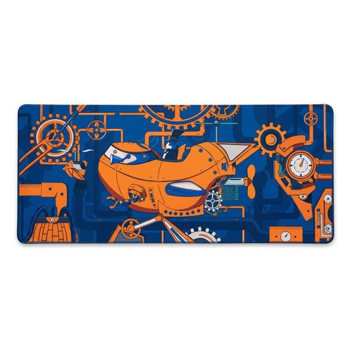 Extra Large Gaming Mouse Pad with Unique Steampunk Design Featuring a Pilot Cat and Mechanical Gears in Blue and Orange, Perfect for Precise Control