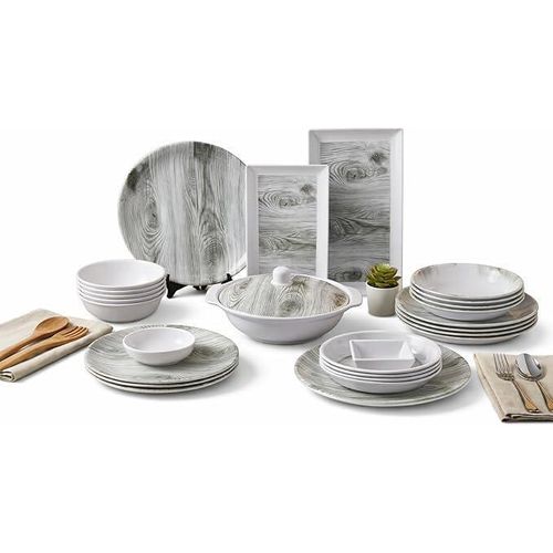 Al Maamoun Premium 38-Piece Melamine Dinnerware Set (Grey & White Wood Pattern)