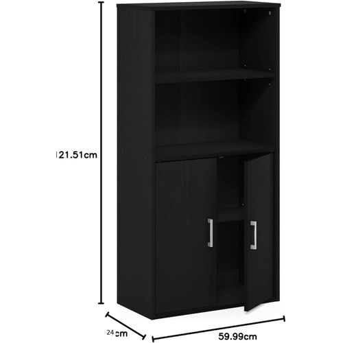 Storage Bookcase with 2 Doors in Black, Manufactured Wood Cabinet with 2 Open Shelves, Freestanding Organizer for Living Room or Office, Combination Display and Concealed Unit