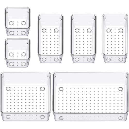 Desk Drawer Organizer Tray Bins 7 PCS, Clear Drawer Organizers, Vanity Organizers and Storage, Plastic Drawer Organizer for Makeup, Bathroom, Kitchen, Office (7 Pcs Set Mix)
