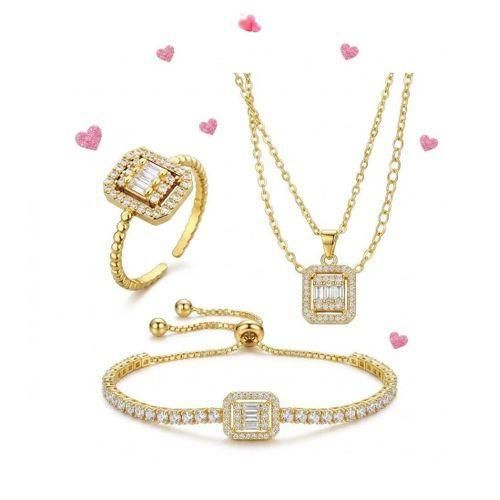 Luxury Women's Square Set Gold Plated – Necklace + Bracelet + Zircon-Studded Ring