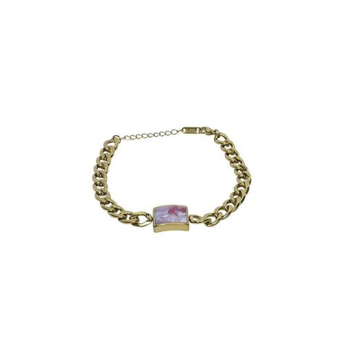 Stainless Steel Cuban Chain Bracelet With Pink Marble Inlay For Women - Gold