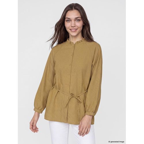 Grandad Collar Waist Sashed Striped Women's Shirt Tunic