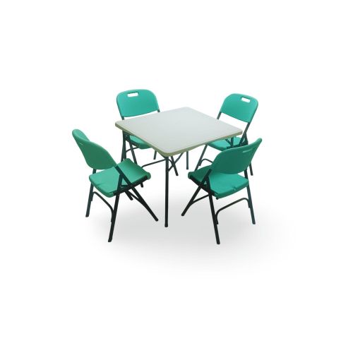 A versatile five-piece folding furniture set featuring a square table and four lime green chairs, perfect for both indoor and outdoor settings
