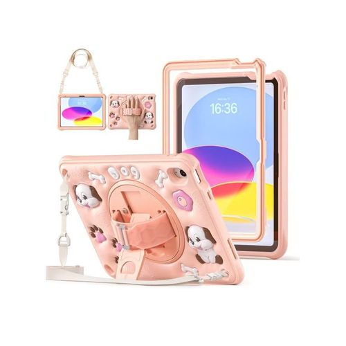 Case for iPad (A16) 11th 10th Generation 10.9 for Kids Boys, Heavy Duty Rugged Cute Cartoon Dolphins Cover with pen+Swivel Stand+Handle Strap, Pink