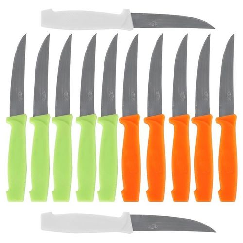 12-piece kitchen knife set in assorted colors – sharp stainless steel blades with comfortable, non-slip handles – for cutting fruits, vegetables, and meat – modern design with multiple colors