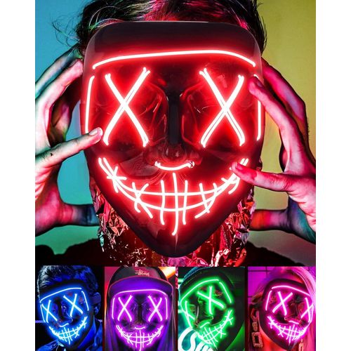 Halloween LED Light Up Mask - Cosplay Costume With Neon Wire, Scary Hacker Anonymous Mask for Boys, Girls, Women - 3 Lighting Modes, Glow in The Dark, Red