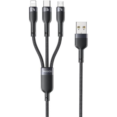 CA91 3-in-1 Multi Charging Cable, 1M 3A Fast Charging and Safe Data Transfer Cable with Lightning, Type-C, and Micro USB Connectors - Black